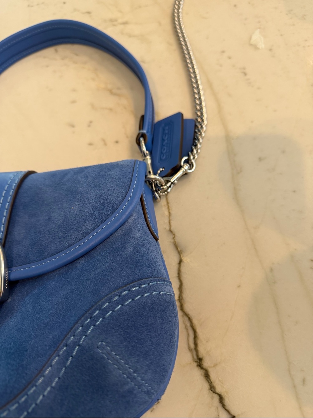 Coach Blue Suede Shoulder Bag with Silver Hardware - Picture 4 of 8